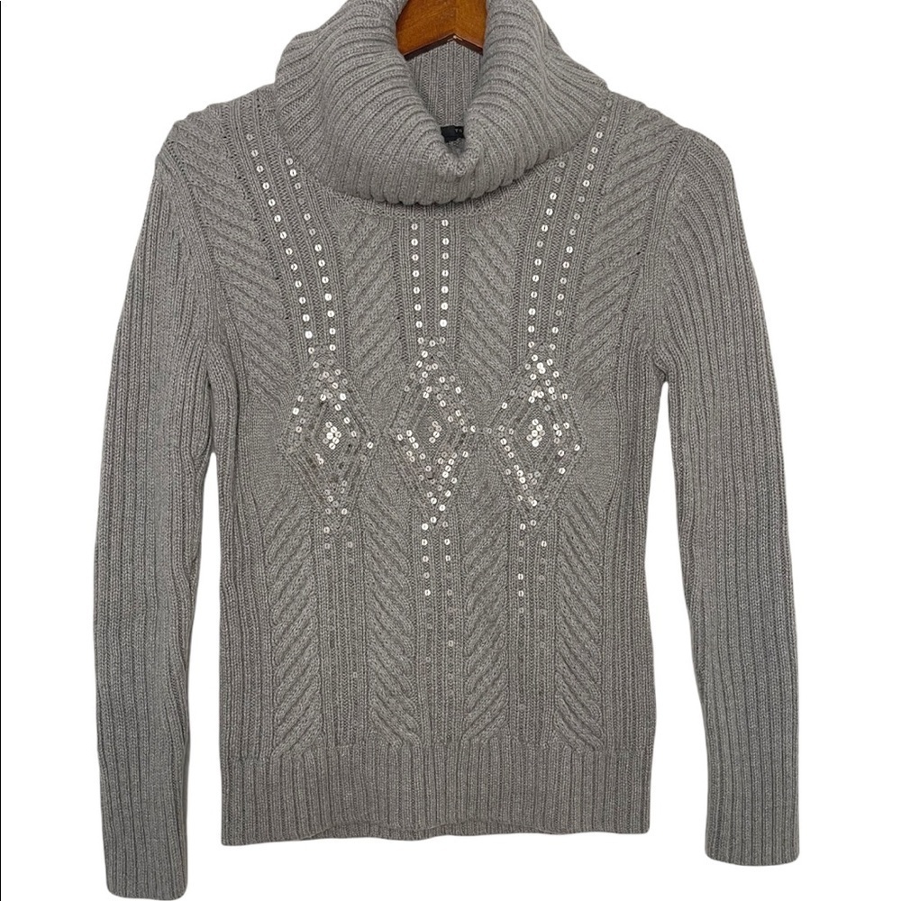 Talbots cowl neck wool blend sequins cable knit gray sweater - Picture 8 of 8